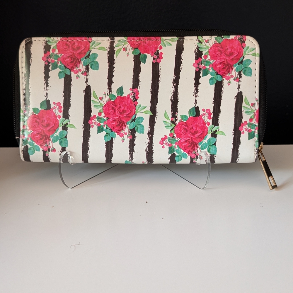 Floral Stripe Zip-Around Wallet in White and Pink